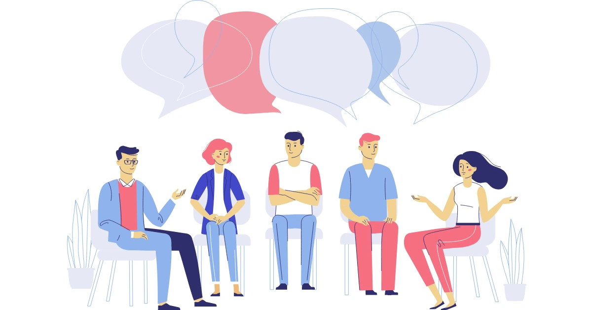 Group of people in a psychotherapy session with speech bubbles overhead