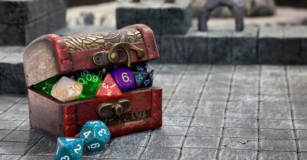 Treasure Chest Filled with Polyhedral Dice for Dungeons and Dragons